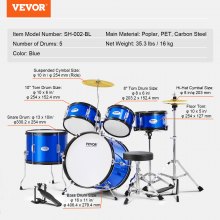 VEVOR - Batería para niños, 5 piezas, 16 pulgadas, batería completa para principiantes con bajos, toms, caja, bombo, trono ajustable, platillo, pedal Hi-Hat y dos pares de baquetas, kit de batería para principiantes para niños, azul