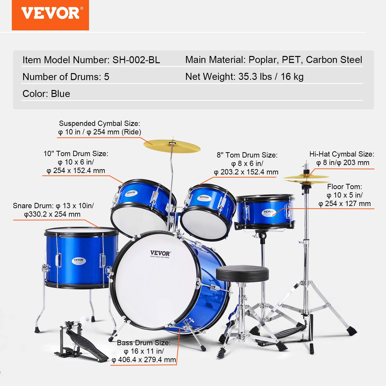 VEVOR Batería infantil de 5 piezas, 16 pulgadas, para principiantes, incluye toms bajos, caja, bombo, trono ajustable, platillo, pedal Hi-Hat y dos pares de baquetas. Ideal para principiantes, color azul.