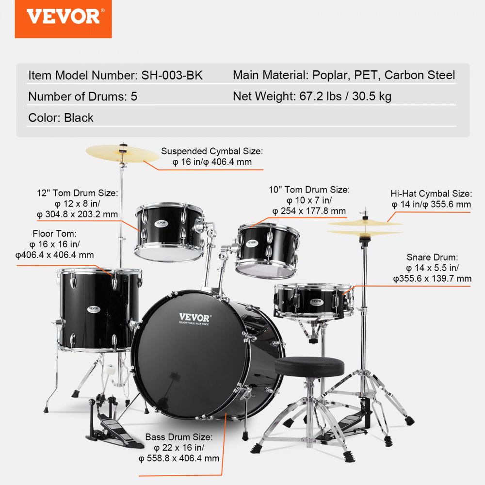 VEVOR Batería para adultos, 5 piezas, 22 pulgadas, kit completo de tamaño completo con toms bajos, caja, bombo de suelo, trono ajustable, platillos, hi-hat, pedal y baquetas, kit de batería para principiantes para adultos, color negro