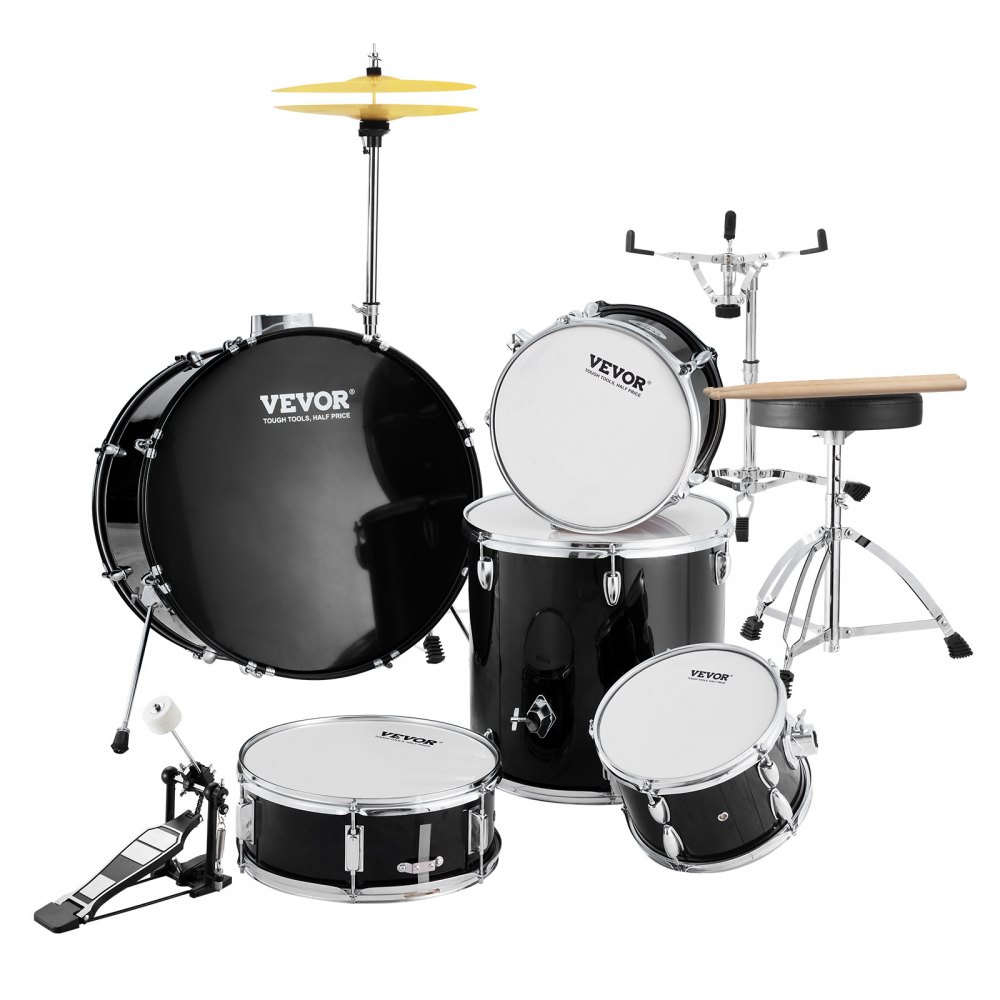 VEVOR Batería para adultos, 5 piezas, 22 pulgadas, kit completo de tamaño completo con toms bajos, caja, bombo de suelo, trono ajustable, platillos, hi-hat, pedal y baquetas, kit de batería para principiantes para adultos, color negro