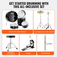 VEVOR Juego de batería para adultos, 5 piezas, 22 pulgadas, kit completo de batería de tamaño completo con bajo Toms Snare, tambor de piso, soportes de trono ajustables, pedal de charles y baquetas, kit de batería para principiantes para adultos, negro