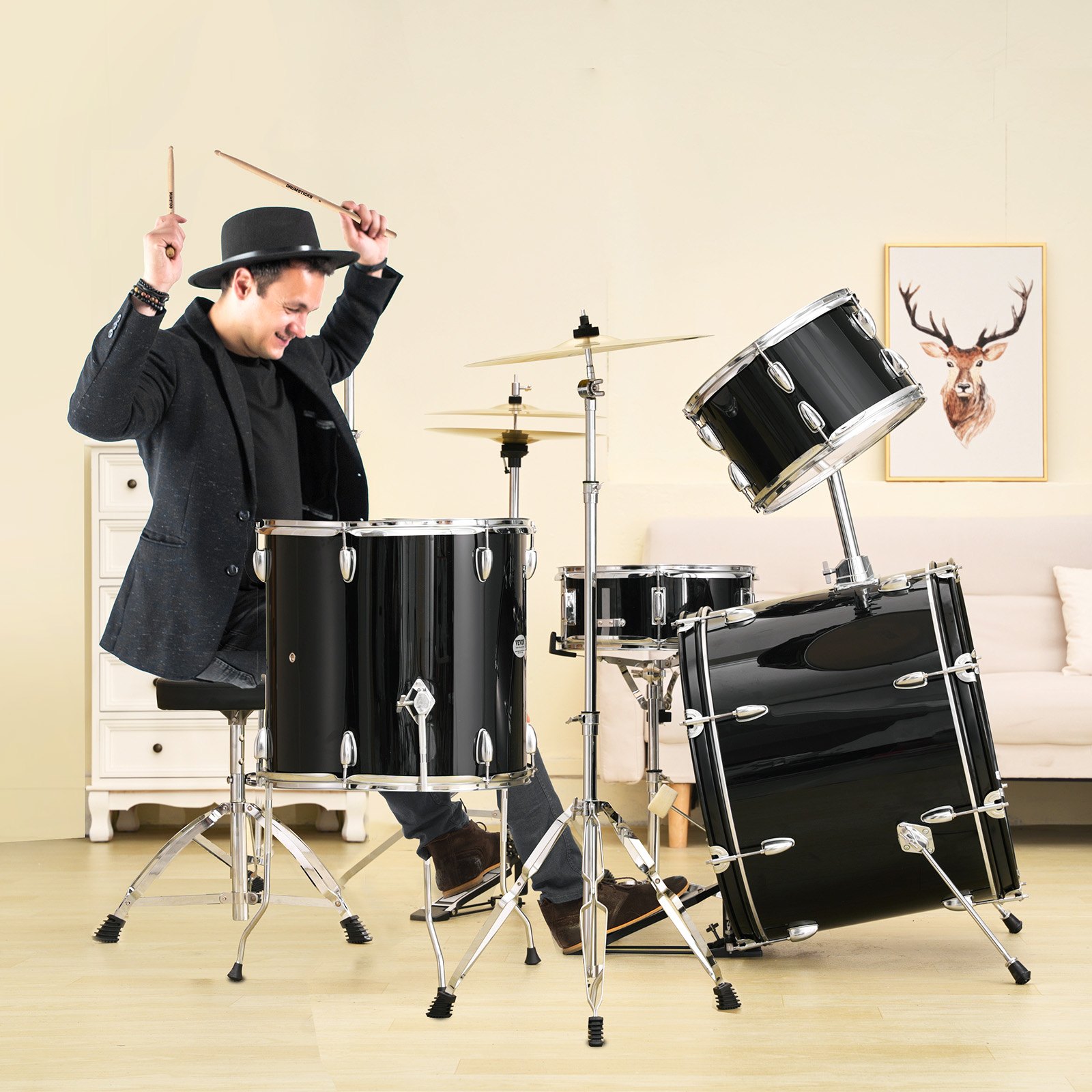 VEVOR Batería para adultos, 5 piezas, 22 pulgadas, kit completo de tamaño completo con toms bajos, caja, bombo de suelo, trono ajustable, platillos, hi-hat, pedal y baquetas, kit de batería para principiantes para adultos, color negro