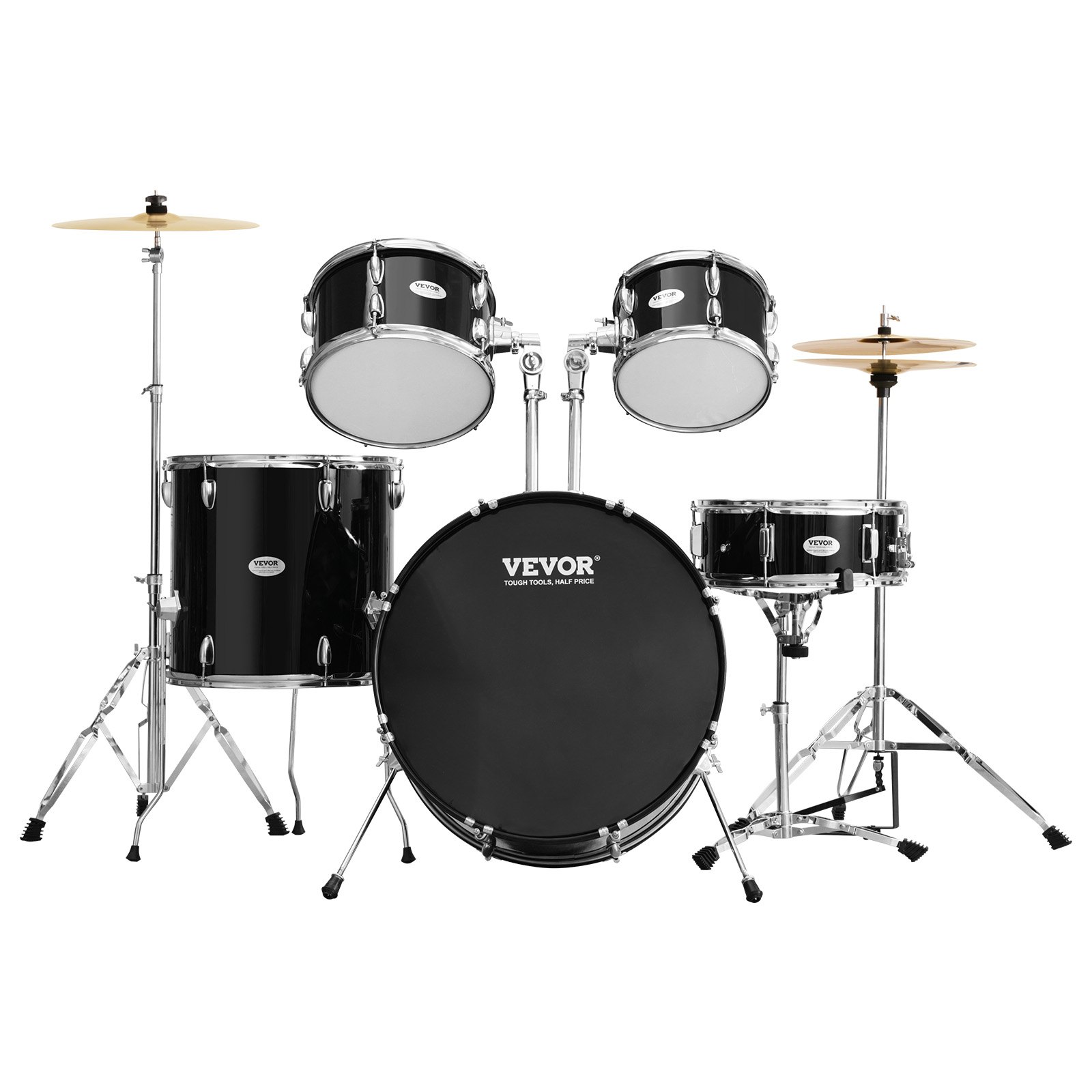 VEVOR Batería para adultos, 5 piezas, 22 pulgadas, kit completo de tamaño completo con toms bajos, caja, bombo de suelo, trono ajustable, platillos, hi-hat, pedal y baquetas, kit de batería para principiantes para adultos, color negro