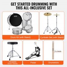 VEVOR Juego de batería para adultos, 5 piezas, 22 pulgadas, kit completo de batería de tamaño completo con bajo Toms Snare, tambor de piso, soportes de trono ajustables, pedal de charles y baquetas, kit de batería para principiantes para adultos, plateado