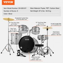 VEVOR Juego de batería para adultos, 5 piezas, 22 pulgadas, kit completo de batería de tamaño completo con bajo Toms Snare, tambor de piso, soportes de trono ajustables, pedal de charles y baquetas, kit de batería para principiantes para adultos, plateado