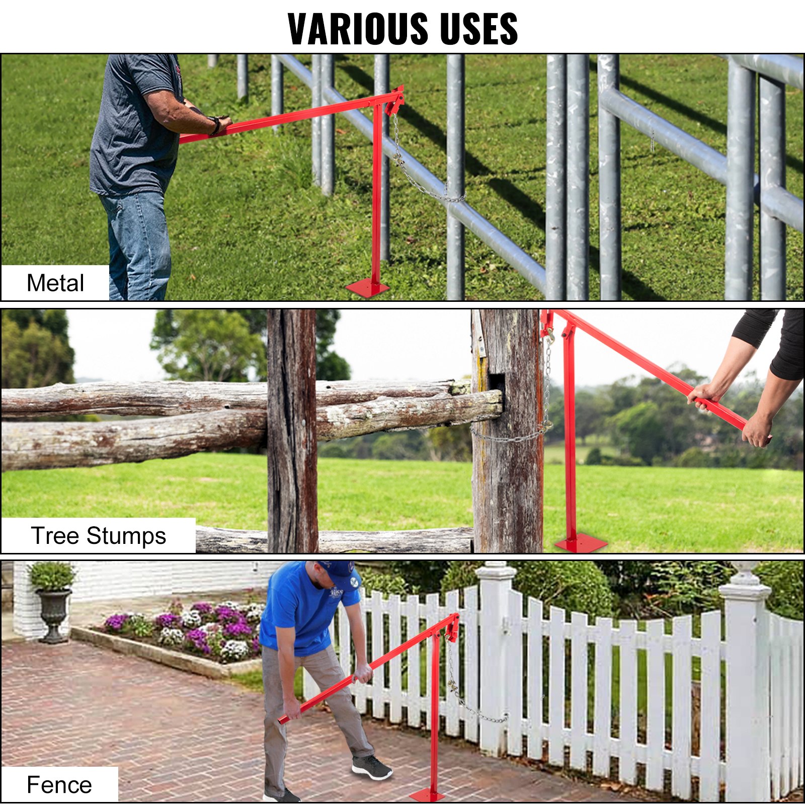 Diversos usos del extractor de postes VEVOR t: postes metálicos, tocones de árboles y cercas.