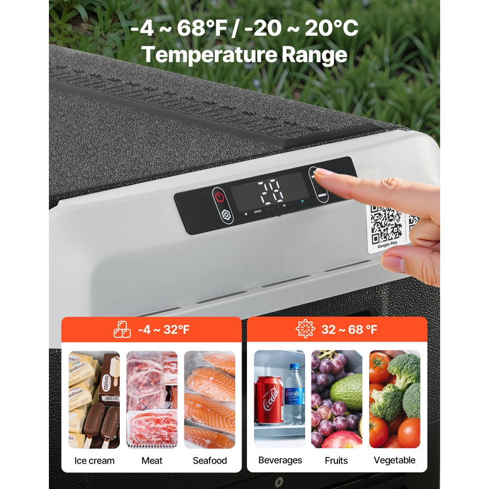 Refrigerador para coche VEVOR de 12 voltios, 26,4 cuartos de galón/25 litros, enfriador eléctrico portátil con temperatura ajustable de -20 °C a 20 °C, compresor de 12/24 V CC y 100-240 V CA, ideal para exteriores, camping, viajes y autocaravanas.