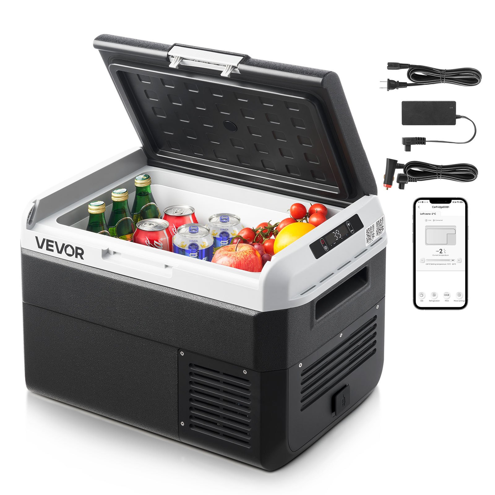 Refrigerador para coche VEVOR de 12 voltios, 26,4 cuartos de galón/25 litros, enfriador eléctrico portátil con temperatura ajustable de -20 °C a 20 °C, compresor de 12/24 V CC y 100-240 V CA, ideal para exteriores, camping, viajes y autocaravanas.