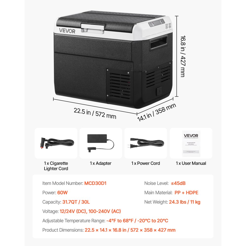 Refrigerador para coche VEVOR de 12 voltios, 31,7 cuartos/30 litros, enfriador eléctrico portátil con temperatura ajustable de -20 °C a 20 °C, compresor de 12/24 V CC y 100-240 V CA, ideal para exteriores, camping, viajes y autocaravanas.