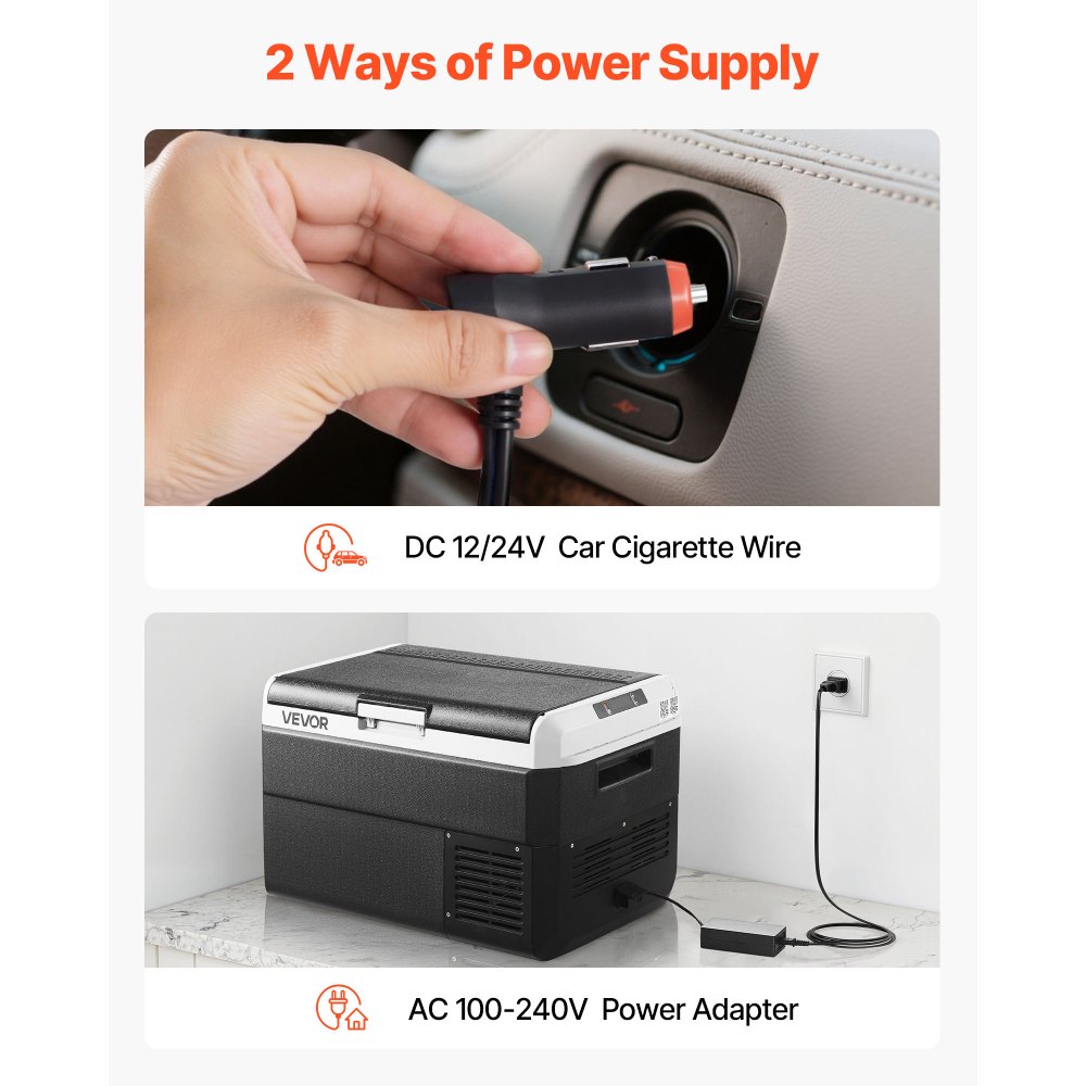 Refrigerador para coche VEVOR de 12 voltios, 42,3 cuartos/40 litros, enfriador eléctrico portátil con temperatura ajustable de -20 °C a 20 °C, compresor de 12/24 V CC y 100-240 V CA, ideal para exteriores, camping, viajes y autocaravanas.