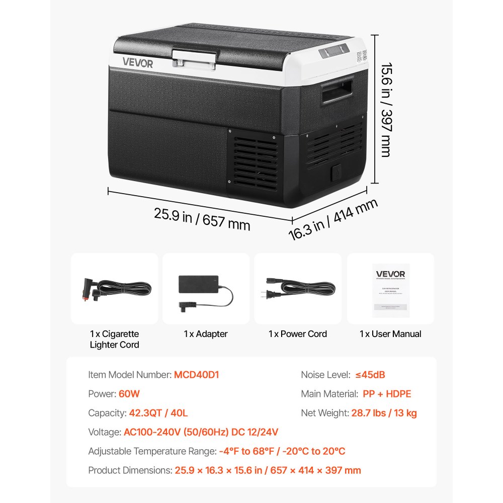 Refrigerador para coche VEVOR de 12 voltios, 42,3 cuartos/40 litros, enfriador eléctrico portátil con temperatura ajustable de -20 °C a 20 °C, compresor de 12/24 V CC y 100-240 V CA, ideal para exteriores, camping, viajes y autocaravanas.