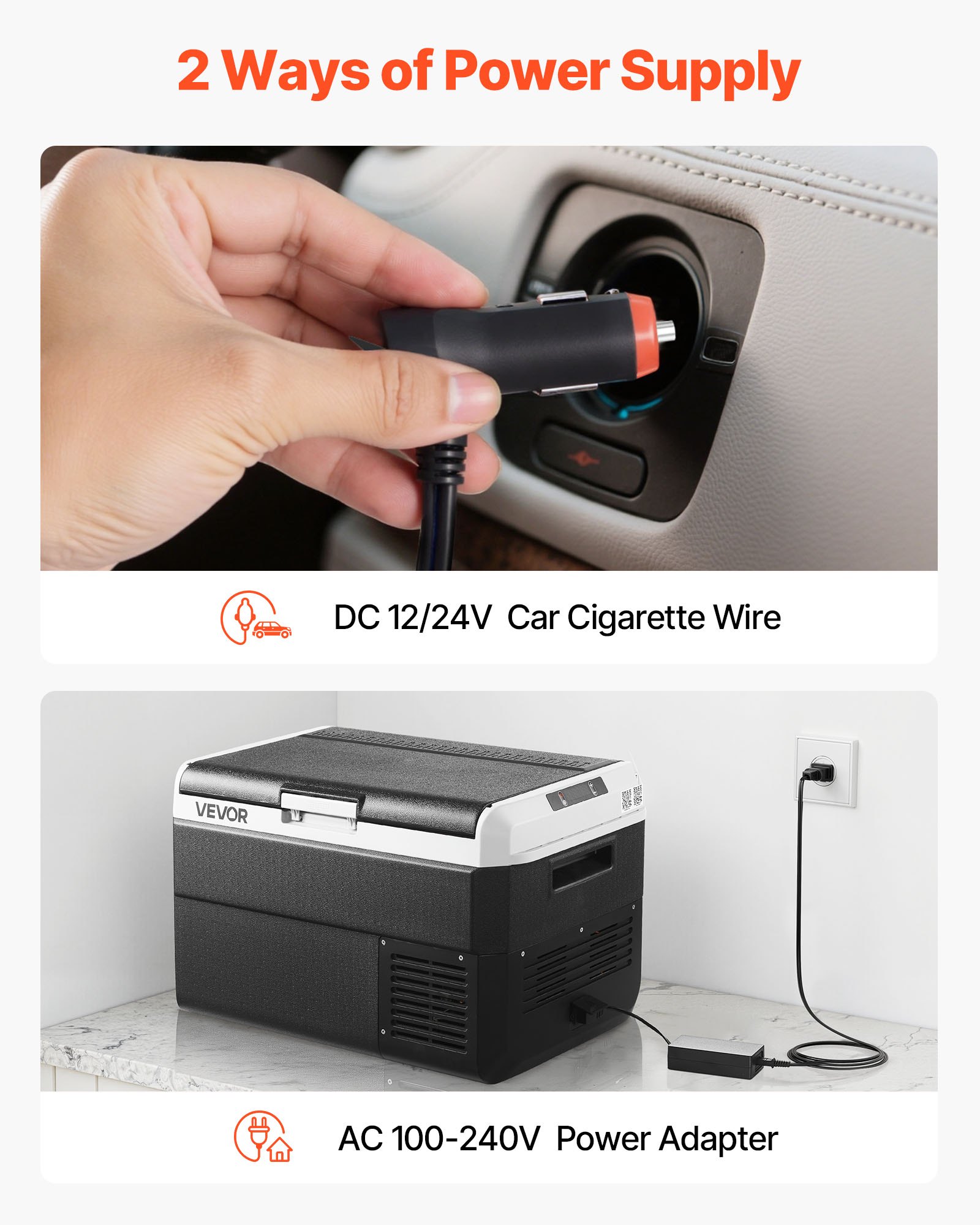 Refrigerador para coche VEVOR de 12 voltios, 42,3 cuartos/40 litros, enfriador eléctrico portátil con temperatura ajustable de -20 °C a 20 °C, compresor de 12/24 V CC y 100-240 V CA, ideal para exteriores, camping, viajes y autocaravanas.