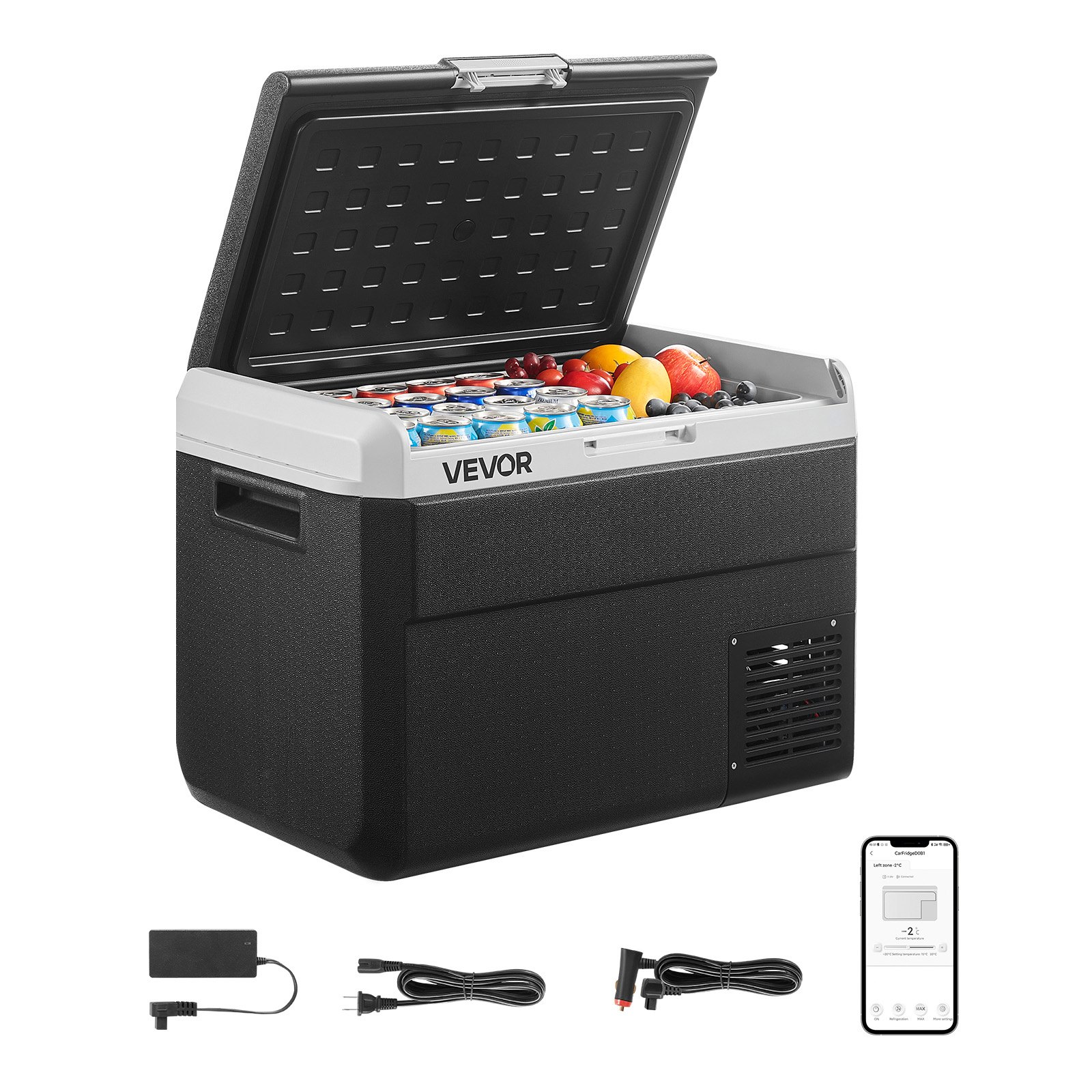 Refrigerador para coche VEVOR de 12 voltios, 52,8 cuartos/50 litros, enfriador eléctrico portátil con temperatura ajustable de -20 °C a 20 °C, compresor de 12/24 V CC y 100-240 V CA, ideal para exteriores, camping, viajes y autocaravanas.