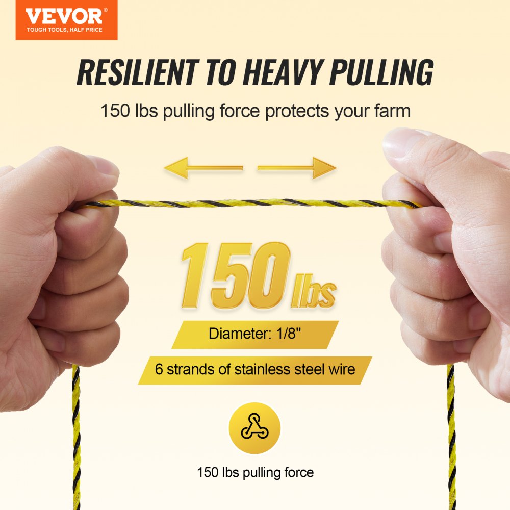 Alambre para cerca eléctrica VEVOR, 1026 m (3366 pies), alambre de polietileno portátil, 6 hebras de acero inoxidable de 3 mm de diámetro para una conductividad confiable y resistencia a los rayos UV y a la oxidación. Cuerda de cercado para caballos, ganado vacuno y ganado.