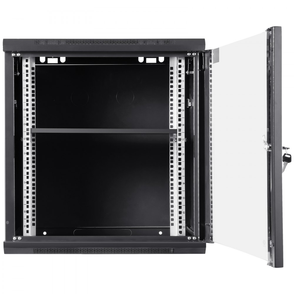 Gabinete de red para servidor VEVOR 12U de montaje en pared, 15,5'' de profundidad, gabinete de rack seguro, soporta hasta 200 lb, puerta y laterales de vidrio con cerradura, ideal para equipos de TI y A/V.