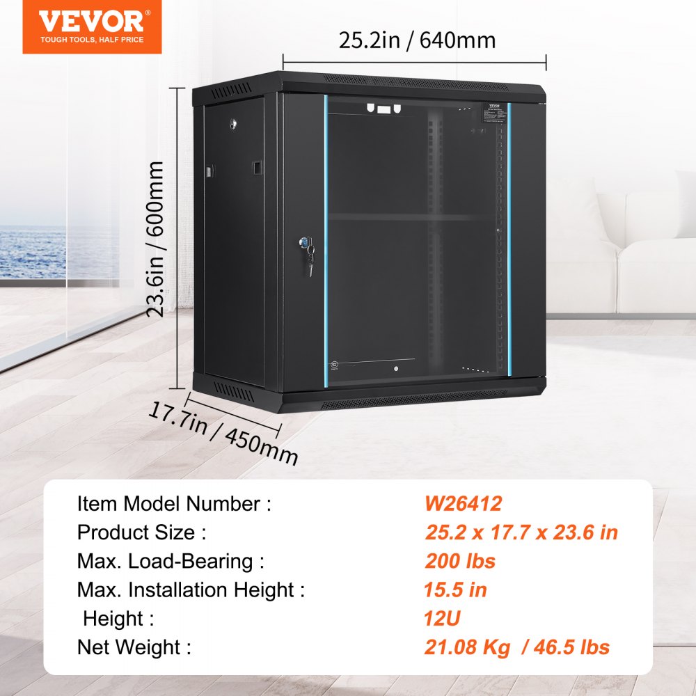 Gabinete de red para servidor VEVOR 12U de montaje en pared, 15,5'' de profundidad, gabinete de rack seguro, soporta hasta 200 lb, puerta y laterales de vidrio con cerradura, ideal para equipos de TI y A/V.