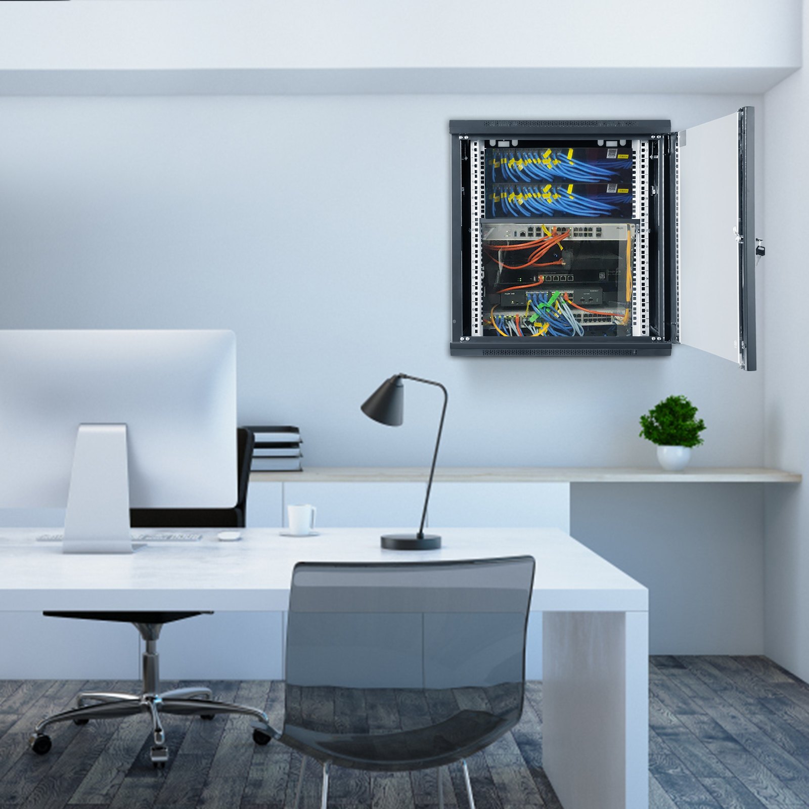 Gabinete de red para servidor VEVOR 12U de montaje en pared, 15,5'' de profundidad, gabinete de rack seguro, soporta hasta 200 lb, puerta y laterales de vidrio con cerradura, ideal para equipos de TI y A/V.