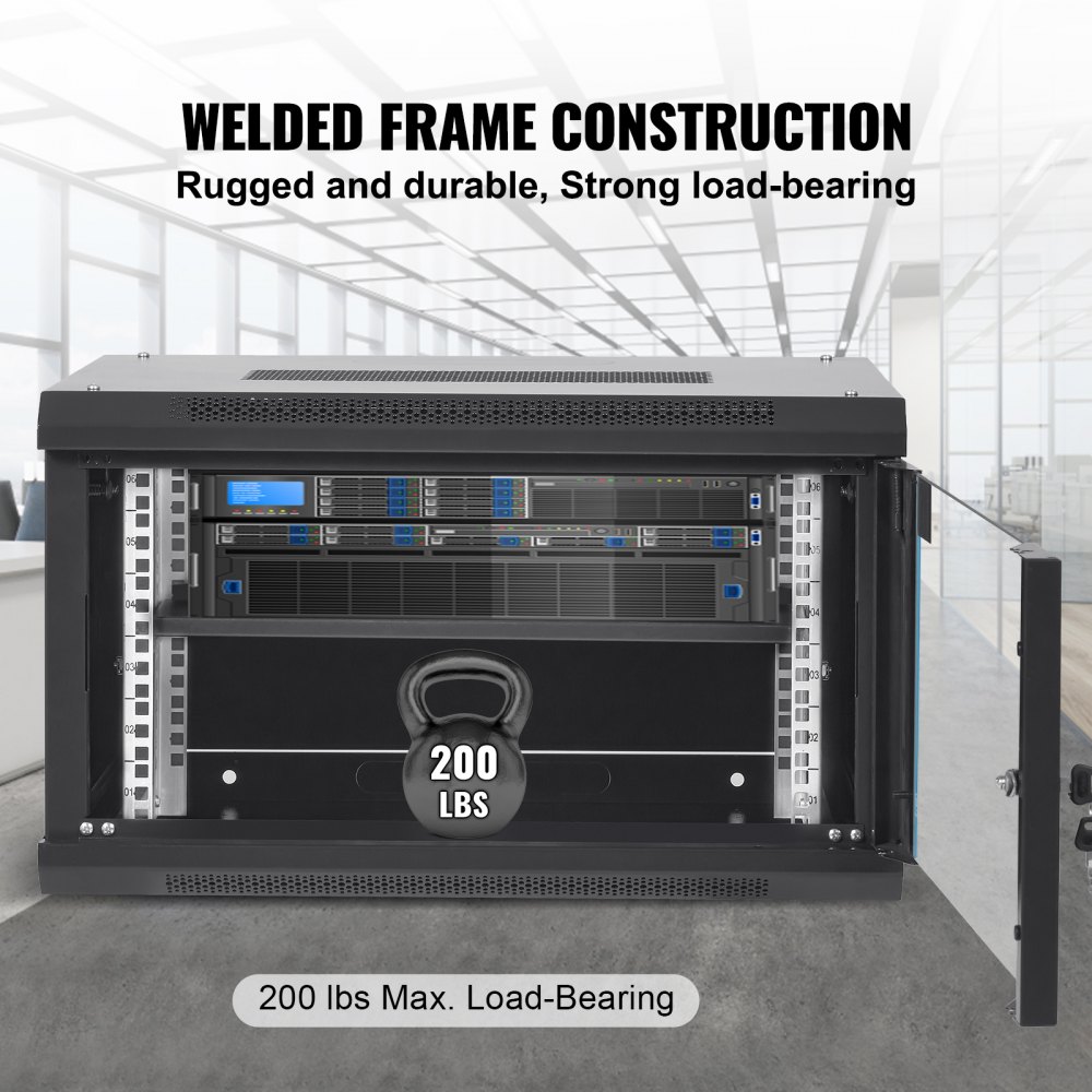Gabinete para servidores de red VEVOR 6U de montaje en pared, 15.5'' de profundidad, con capacidad de carga máxima de 90 kg (montaje en el suelo), con paneles laterales de puerta de vidrio con cerradura, para equipos informáticos y dispositivos audiovisuales.
