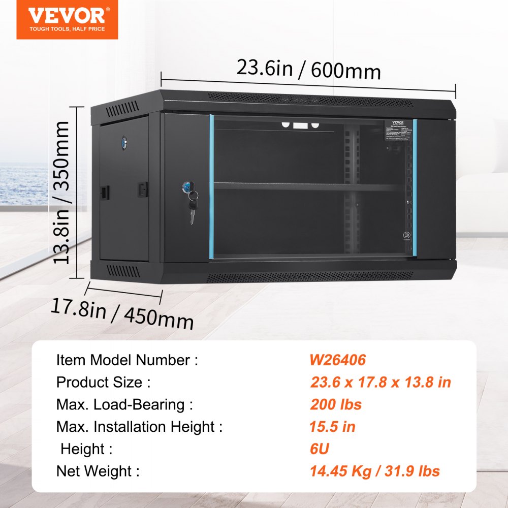 Gabinete para servidores de red VEVOR 6U de montaje en pared, 15.5'' de profundidad, con capacidad de carga máxima de 90 kg (montaje en el suelo), con paneles laterales de puerta de vidrio con cerradura, para equipos informáticos y dispositivos audiovisuales.