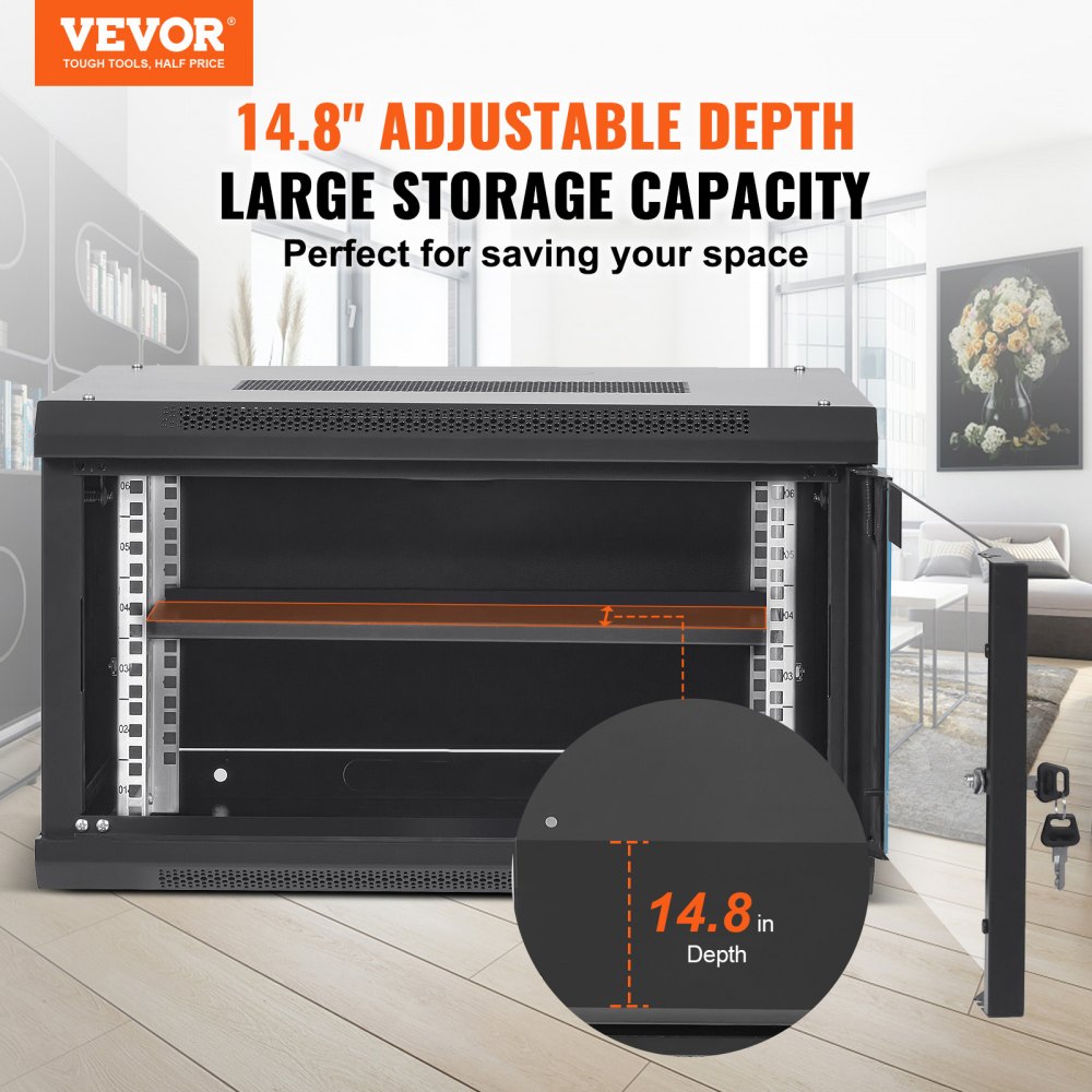 VEVOR 6U Wall Mount Network Server Cabinet, 15.5'' Deep, Server Rack Cabinet Enclosure, 200 lbs Max. Ground-mounted Load Capacity, with Locking Glass Door Side Panels, for IT Equipment, A/V Devices