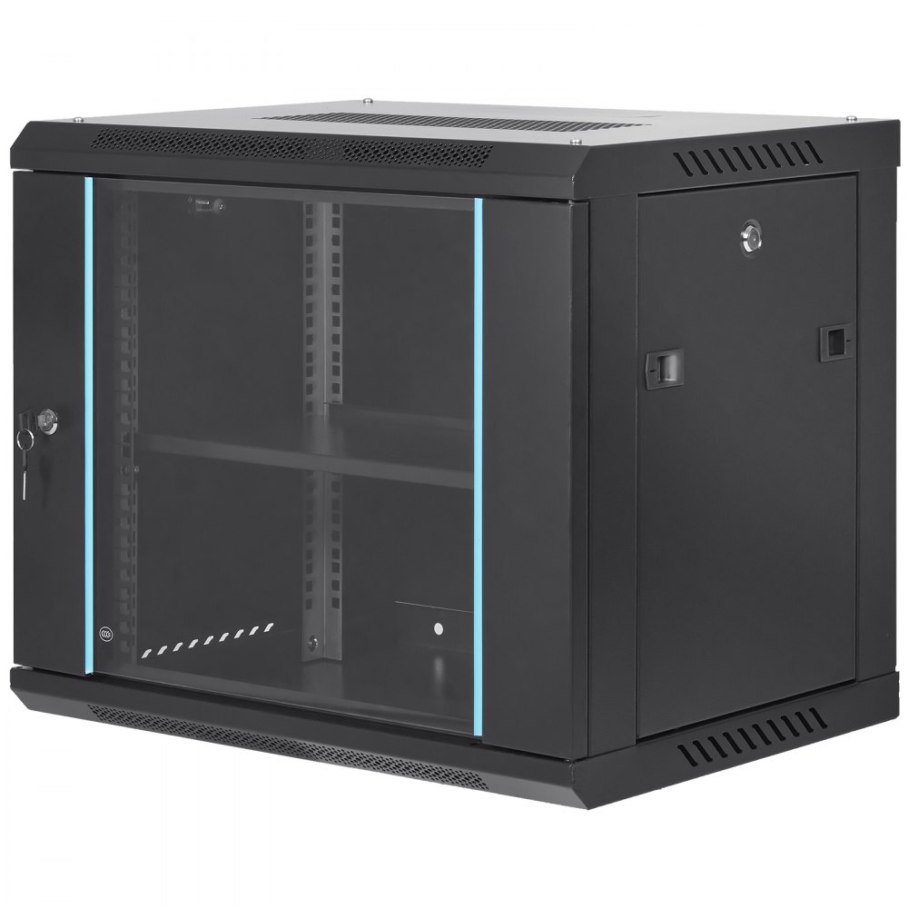 Gabinete de red para servidor VEVOR 9U de montaje en pared, 15,5'' de profundidad, gabinete de rack seguro, soporta hasta 200 lb, cuenta con puerta de vidrio con cerradura y paneles laterales, ideal para equipos de TI y A/V.