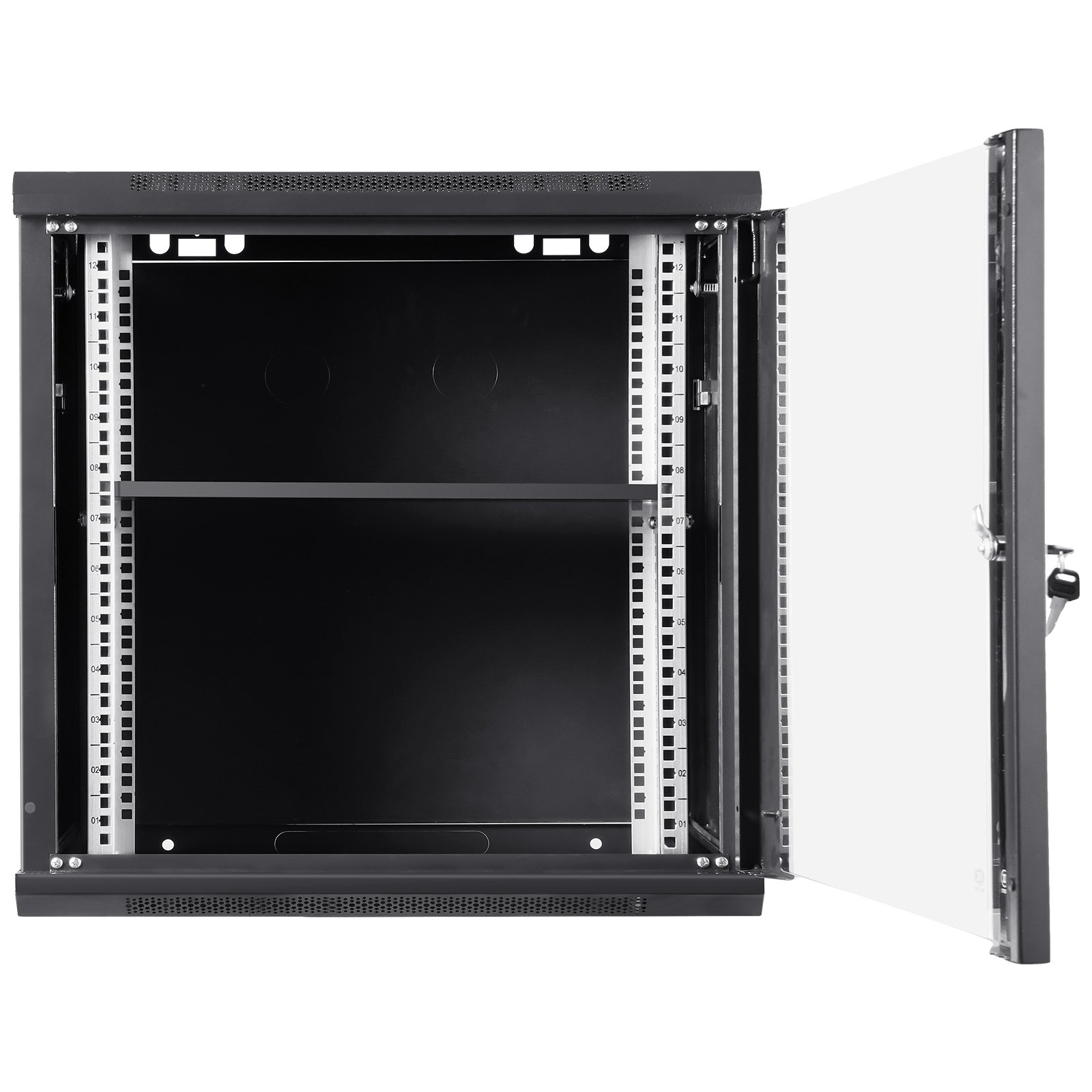 Gabinete de red para servidor VEVOR 9U de montaje en pared, 15,5'' de profundidad, gabinete de rack seguro, soporta hasta 200 lb, cuenta con puerta de vidrio con cerradura y paneles laterales, ideal para equipos de TI y A/V.