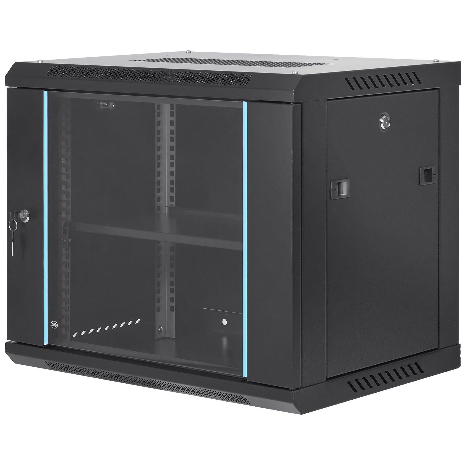 Gabinete de red para servidor VEVOR 9U de montaje en pared, 15,5'' de profundidad, gabinete de rack seguro, soporta hasta 200 lb, cuenta con puerta de vidrio con cerradura y paneles laterales, ideal para equipos de TI y A/V.