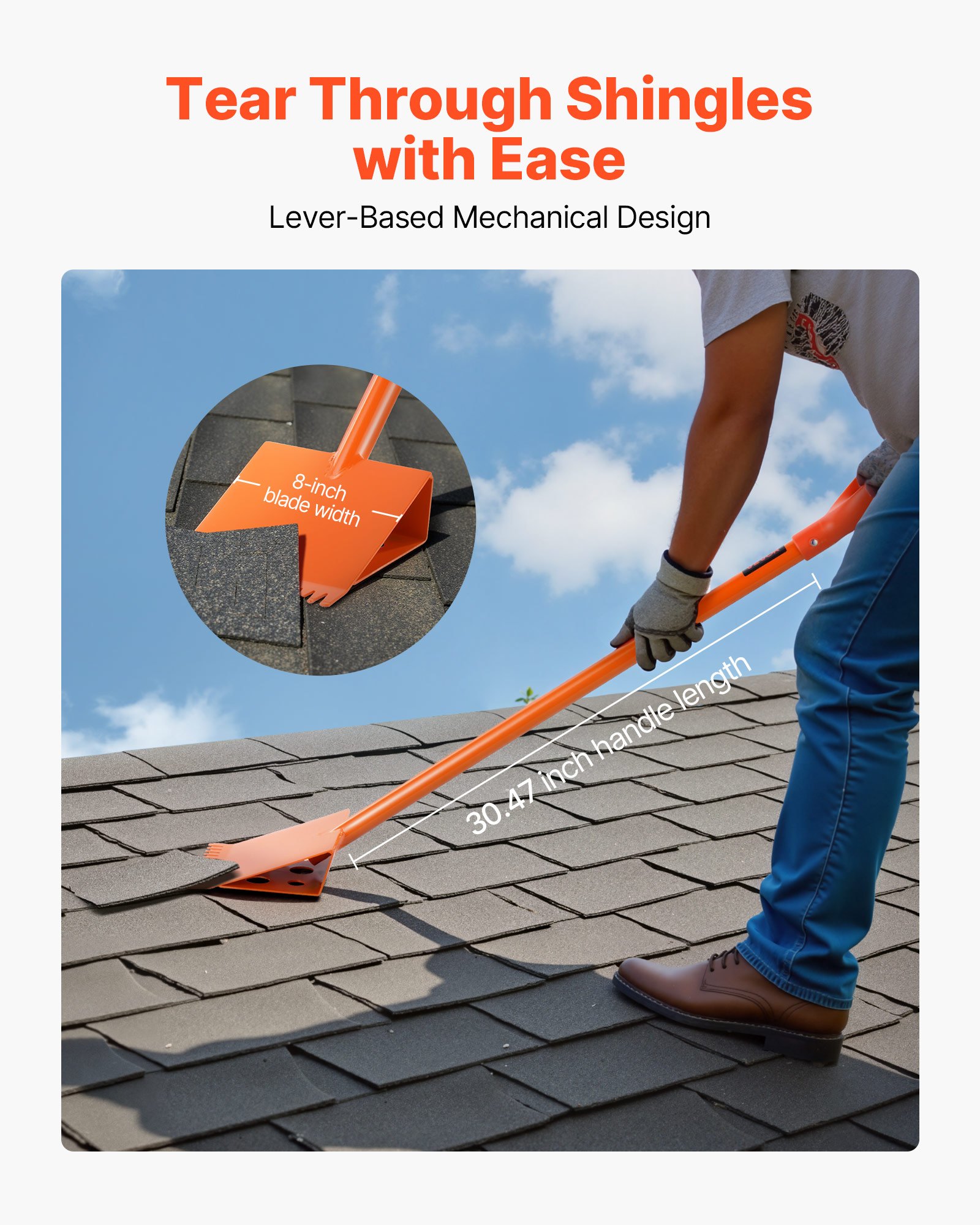 Pala para tejas VEVOR (1 unidad), con mango ergonómico en forma de D, acero de alta dureza 45#, ligera y fácil de usar para retirar tejas y clavos. Ideal para uso comercial y residencial. Color naranja.