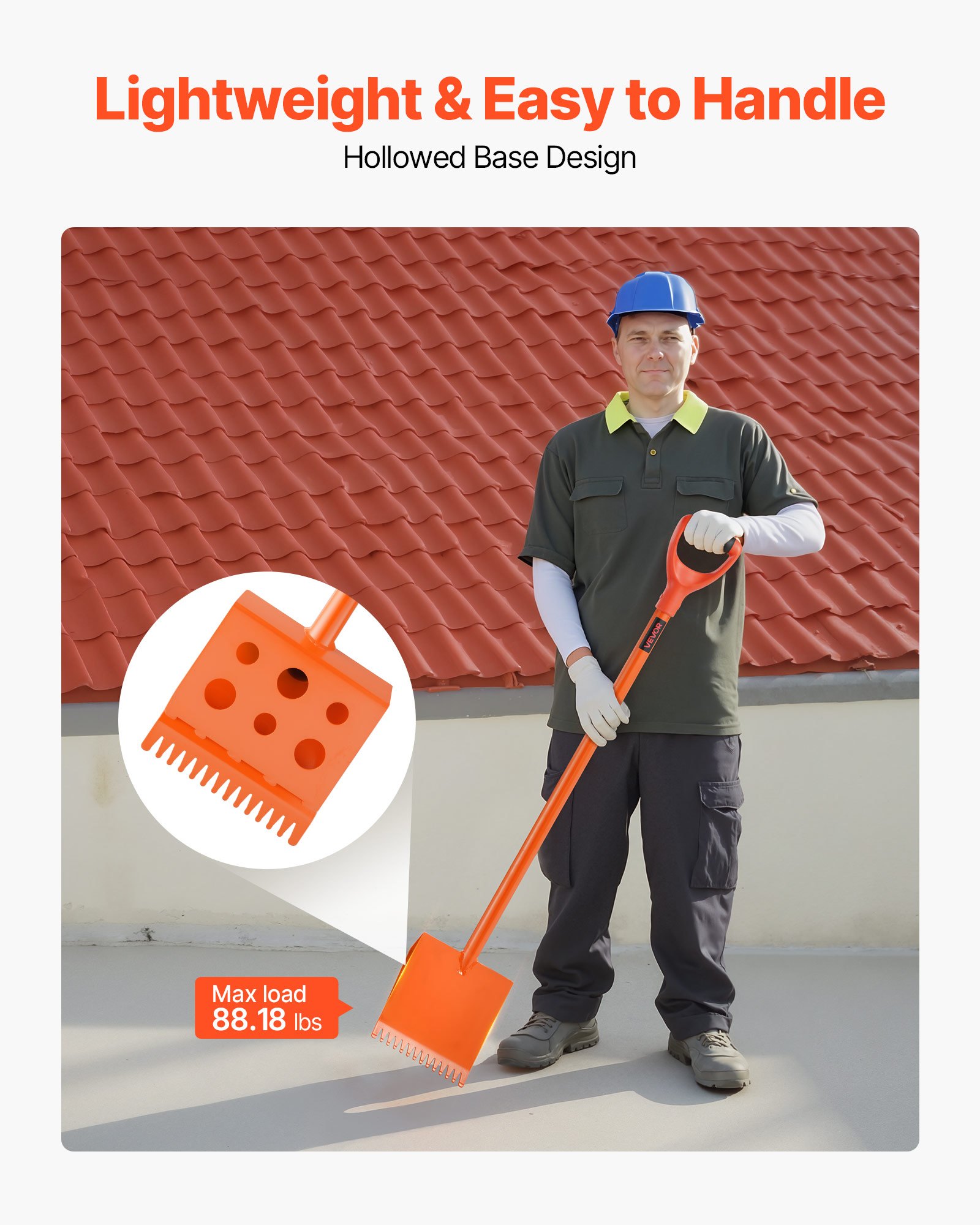 Pala para tejas VEVOR (1 unidad), con mango ergonómico en forma de D, acero de alta dureza 45#, ligera y fácil de usar para retirar tejas y clavos. Ideal para uso comercial y residencial. Color naranja.