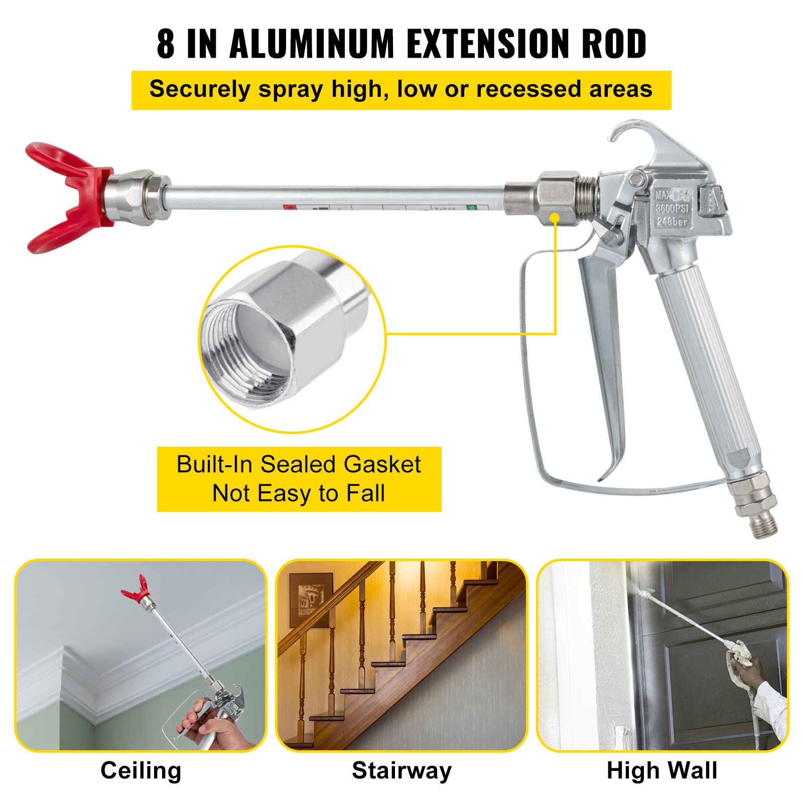 Manguera pulverizadora de pintura sin aire VEVOR con varilla de extensión de aluminio de 8 pulgadas para áreas altas.