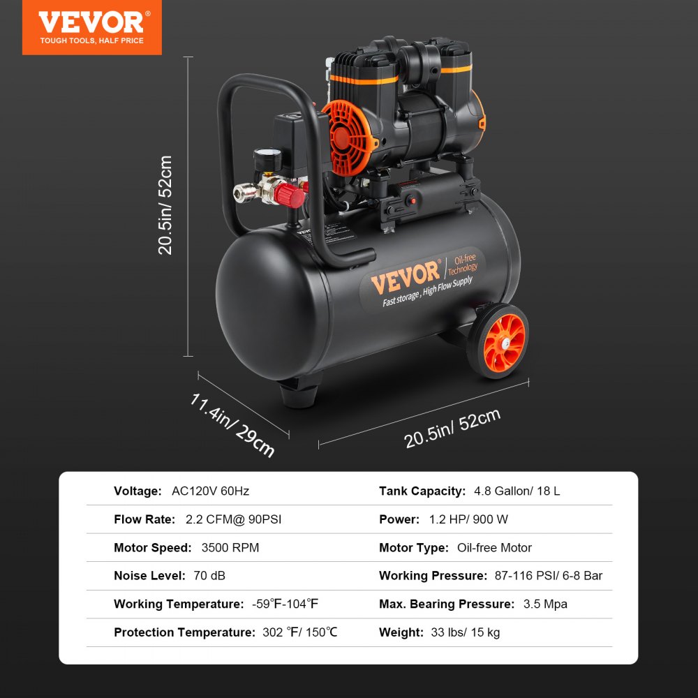 Compresor de aire ultra silencioso VEVOR con dimensiones y especificaciones en diseño negro y naranja.