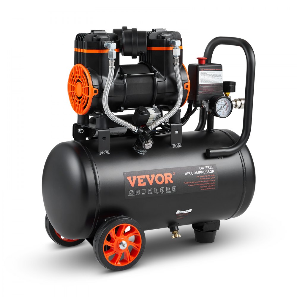 Compresor de aire ultra silencioso VEVOR con tanque negro, motores duales, detalles en naranja y ruedas rojas.