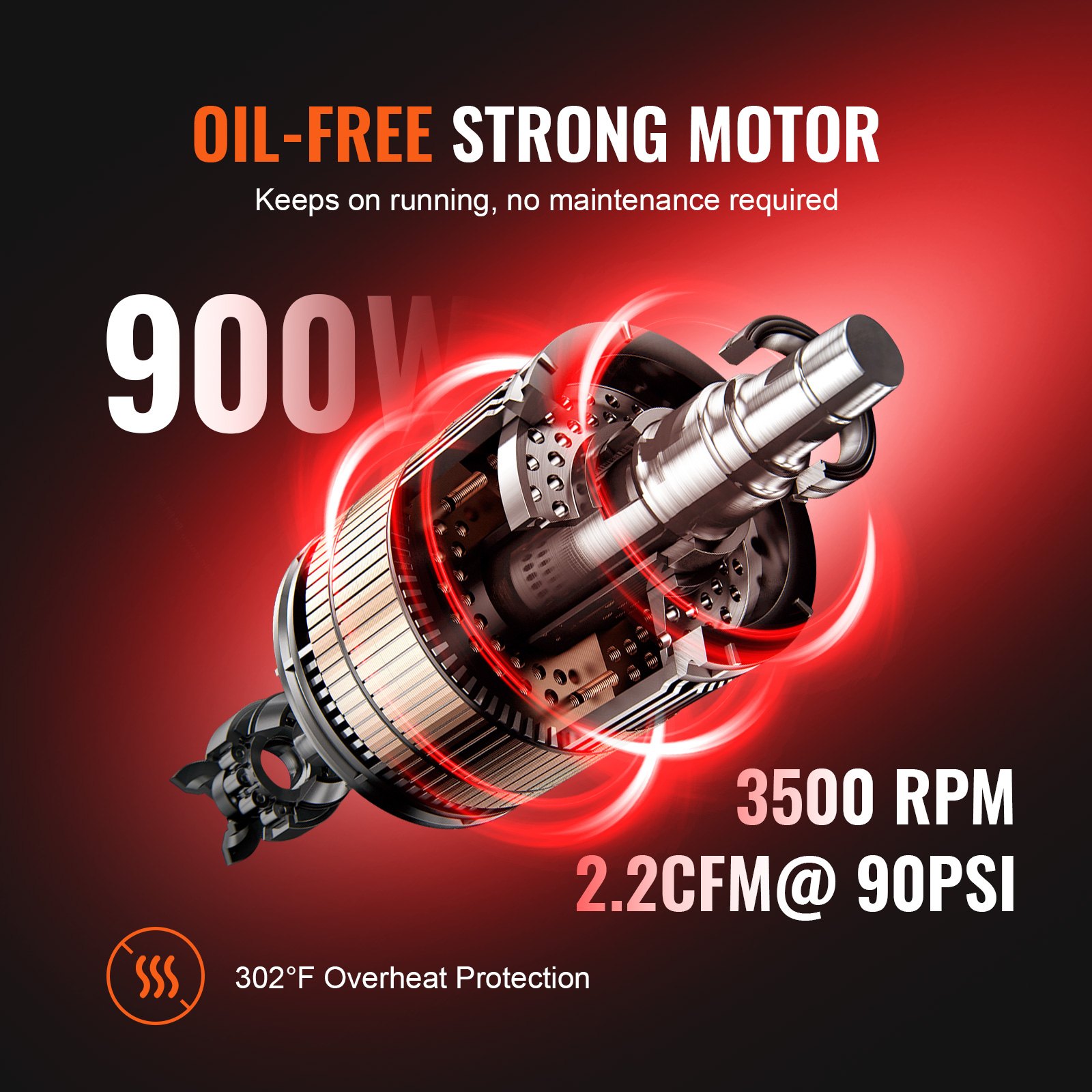 Compresor de aire ultra silencioso VEVOR, motor sin aceite, 900w, 3500 rpm, 2,2cfm a 90psi, protección 302°f.