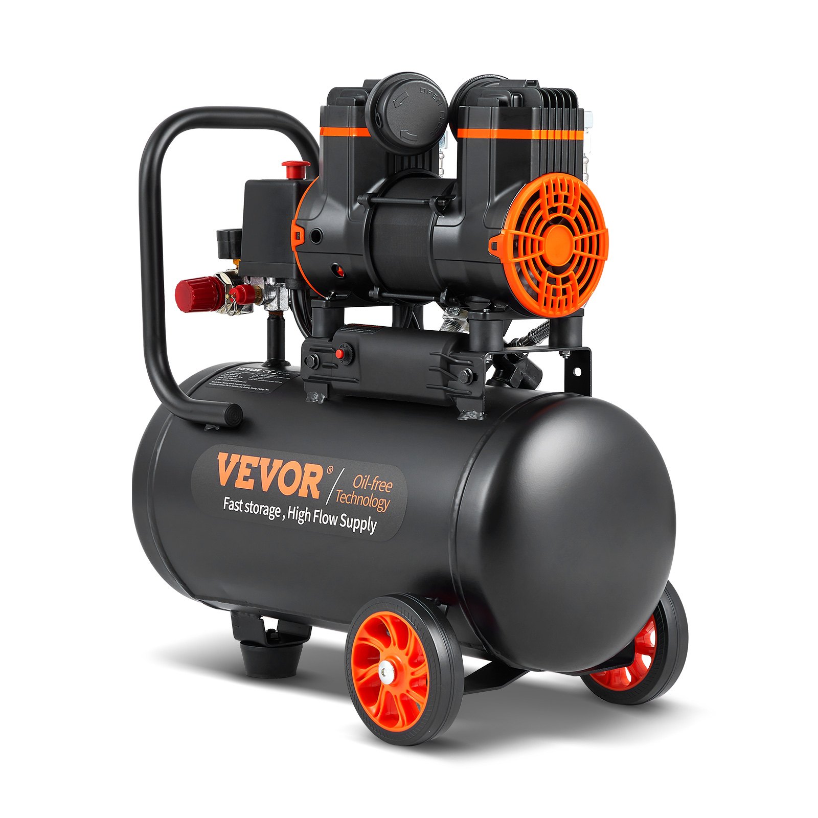 Compresor de aire ultra silencioso VEVOR con tecnología sin aceite y suministro de alto caudal, negro con detalles en naranja.