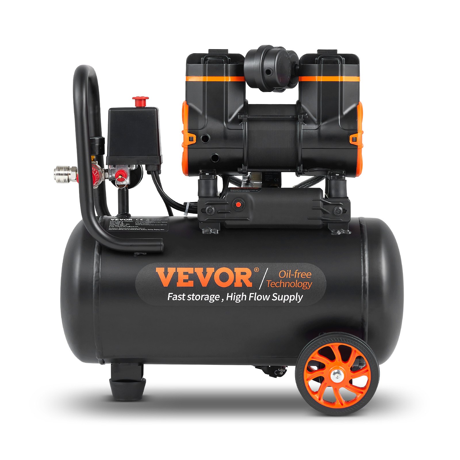 Compresor de aire ultra silencioso VEVOR con tecnología sin aceite, tanque negro y detalles en las ruedas de color naranja.