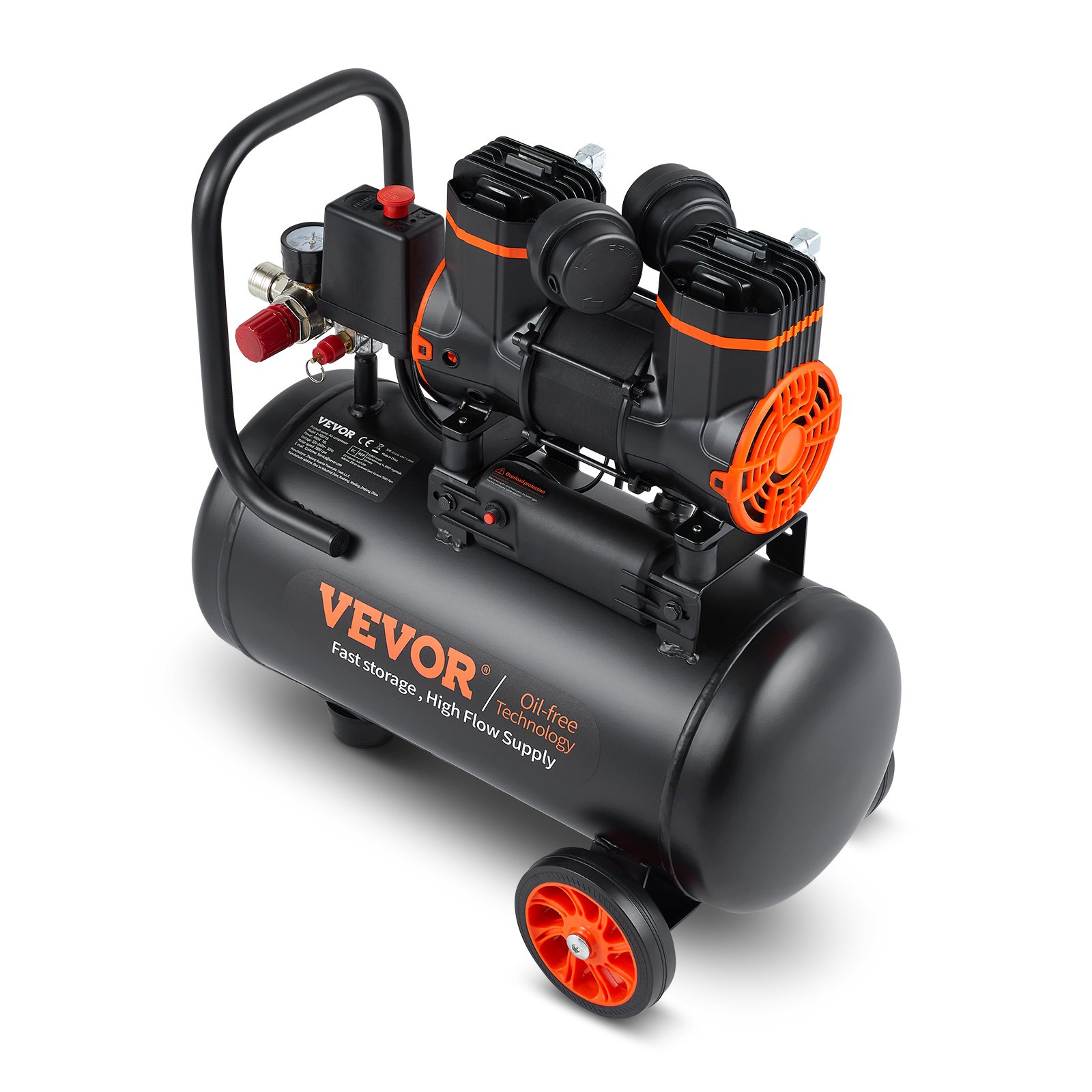Compresor de aire ultra silencioso VEVOR con motores duales negro y naranja, tecnología sin aceite y ruedas.