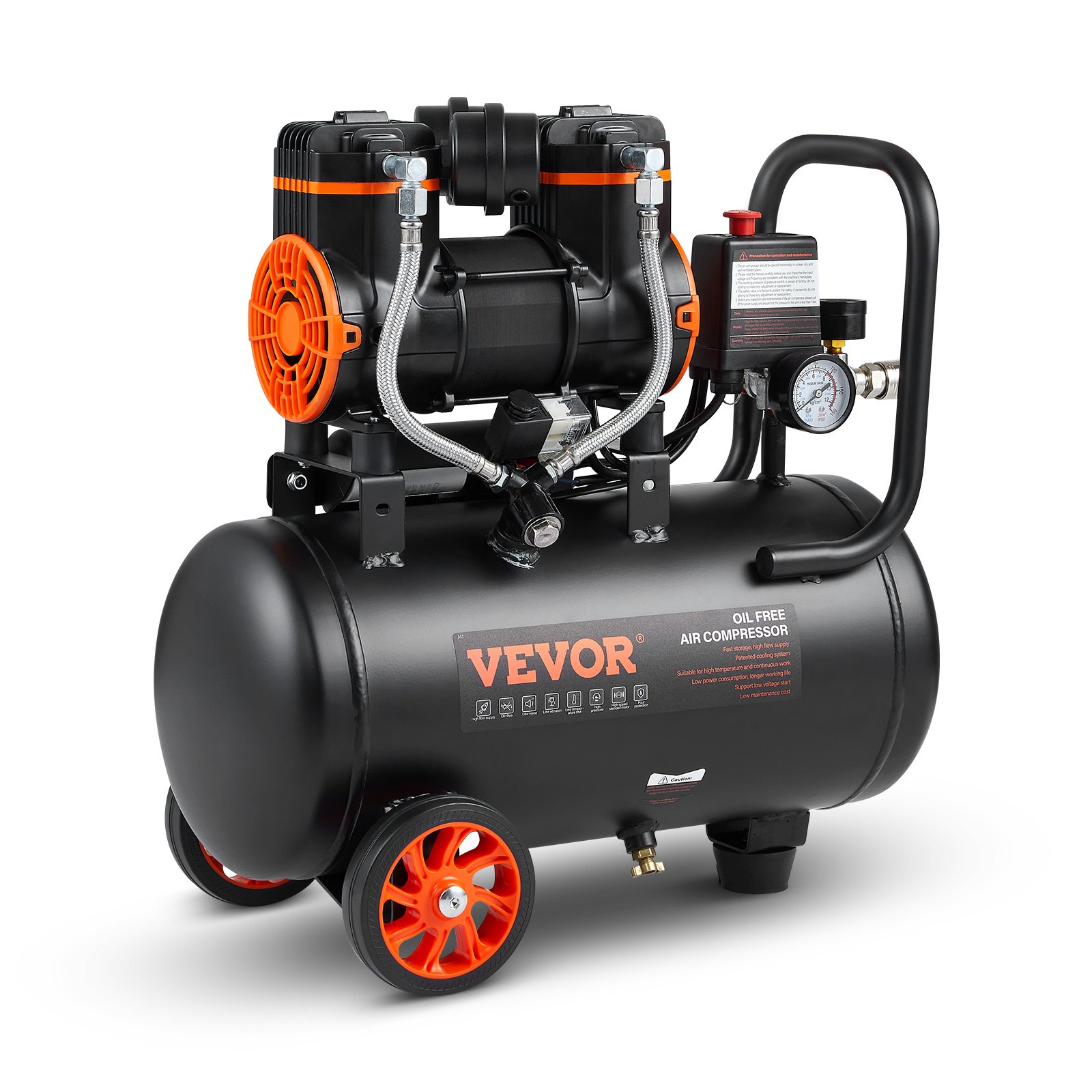 Compresor de aire ultra silencioso VEVOR con tanque negro, motores duales, detalles en naranja y ruedas rojas.