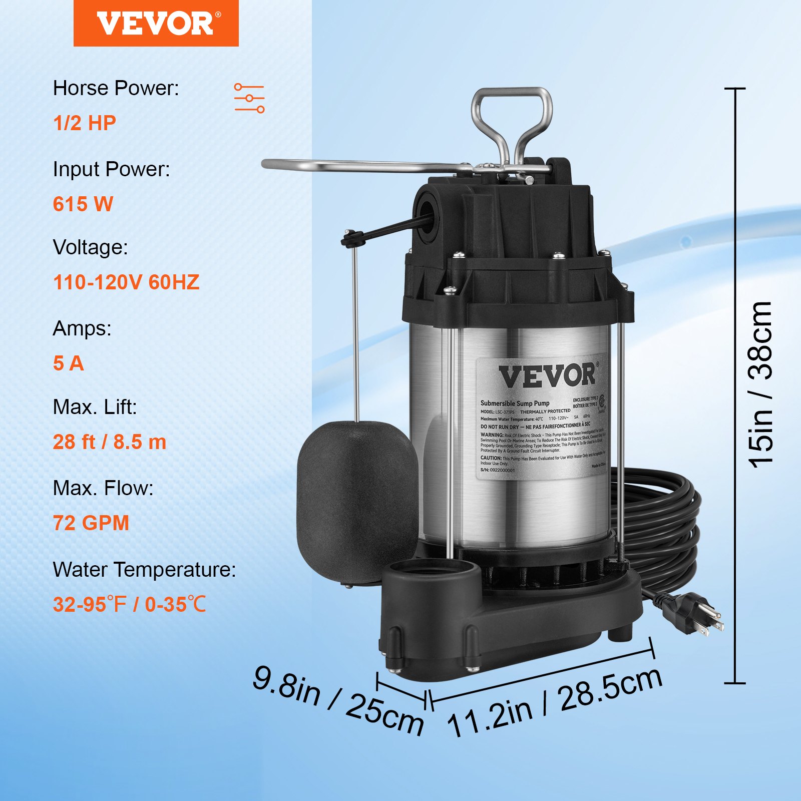Bomba de sumidero VEVOR, 1/2 HP, 3960 GPH, sumergible, de acero inoxidable, con descarga de 1-1/2" NPT y cable de 33 pies, interruptor de flotador automático con conector de conexión, para depósito de agua en sótanos interiores.