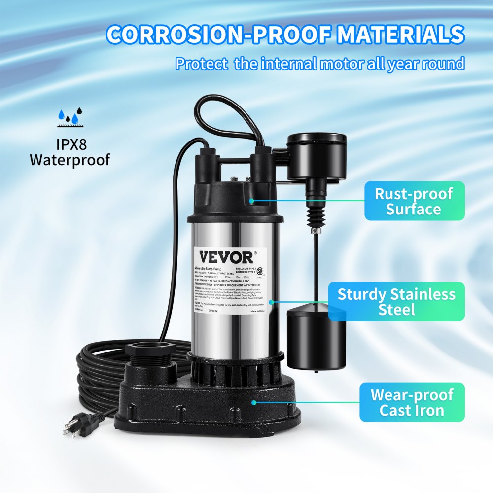 Bomba de sumidero VEVOR con clasificación ipx8 de resistencia al agua y a la oxidación, acero inoxidable resistente y hierro fundido resistente al desgaste.