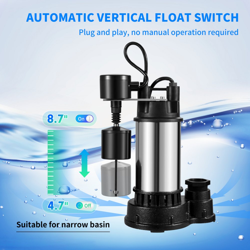 Bomba de sumidero VEVOR con interruptor de flotador vertical automático, adecuada para cuencas estrechas. Plug and play.