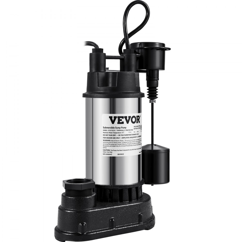 Bomba de sumidero VEVOR con diseño negro y plateado, con interruptor de flotador y cable de alimentación.