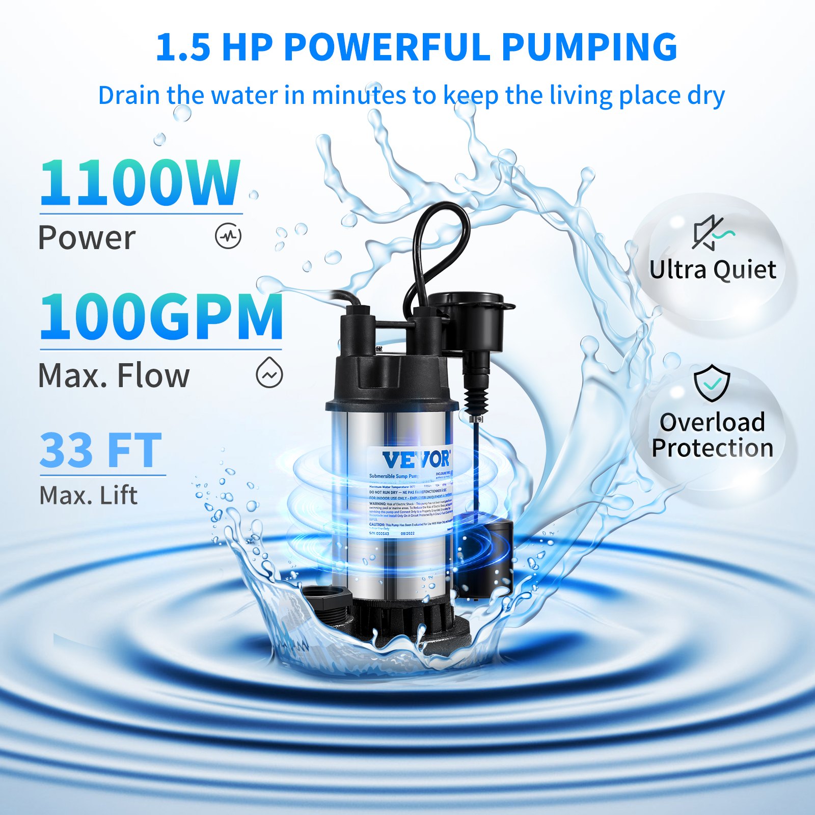 Bomba de sumidero VEVOR con potencia de 1100 W, flujo máximo de 100 gpm, elevación máxima de 33 pies, función ultra silenciosa y protección contra sobrecarga.