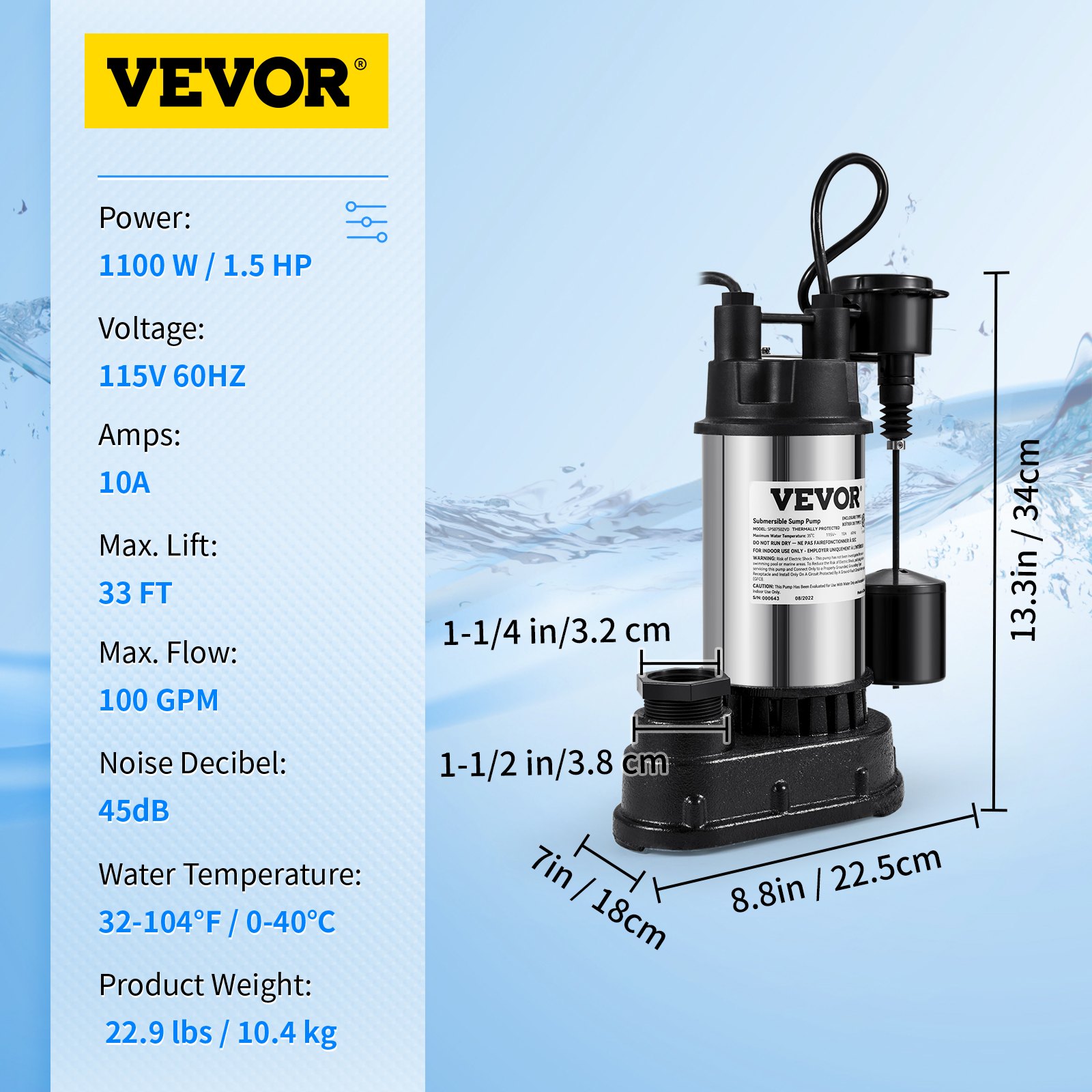Bomba de sumidero VEVOR, 1100 W, 115 V 60 Hz, elevación de 33 pies, flujo de 100 gpm, 45 db, rango de 32 a 104 °F, 22,9 libras, dimensiones mostradas.