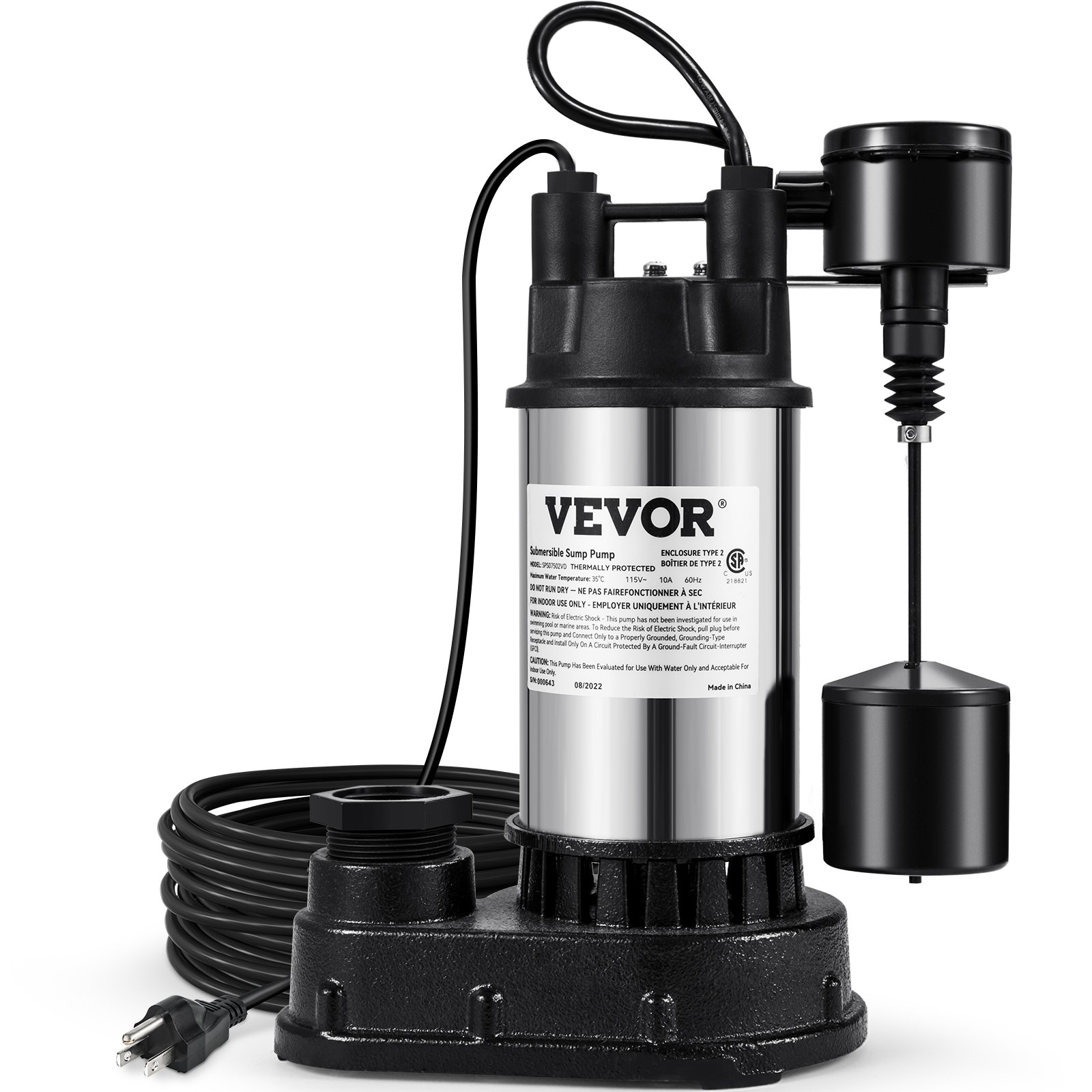 Bomba de sumidero VEVOR con interruptor de flotador y cable de alimentación, carcasa de acero inoxidable, base negra.