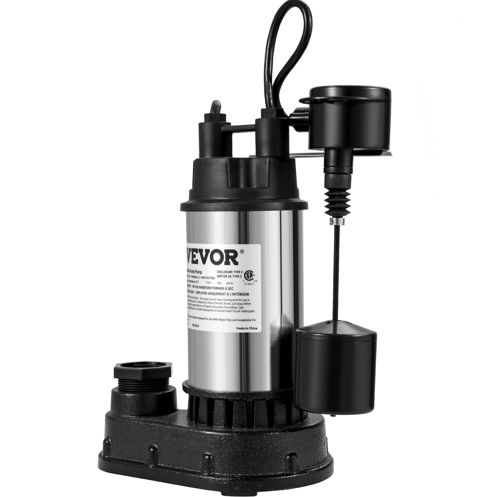 Bomba de sumidero VEVOR con cuerpo de acero inoxidable e interruptor de flotador para una eliminación eficiente de agua.