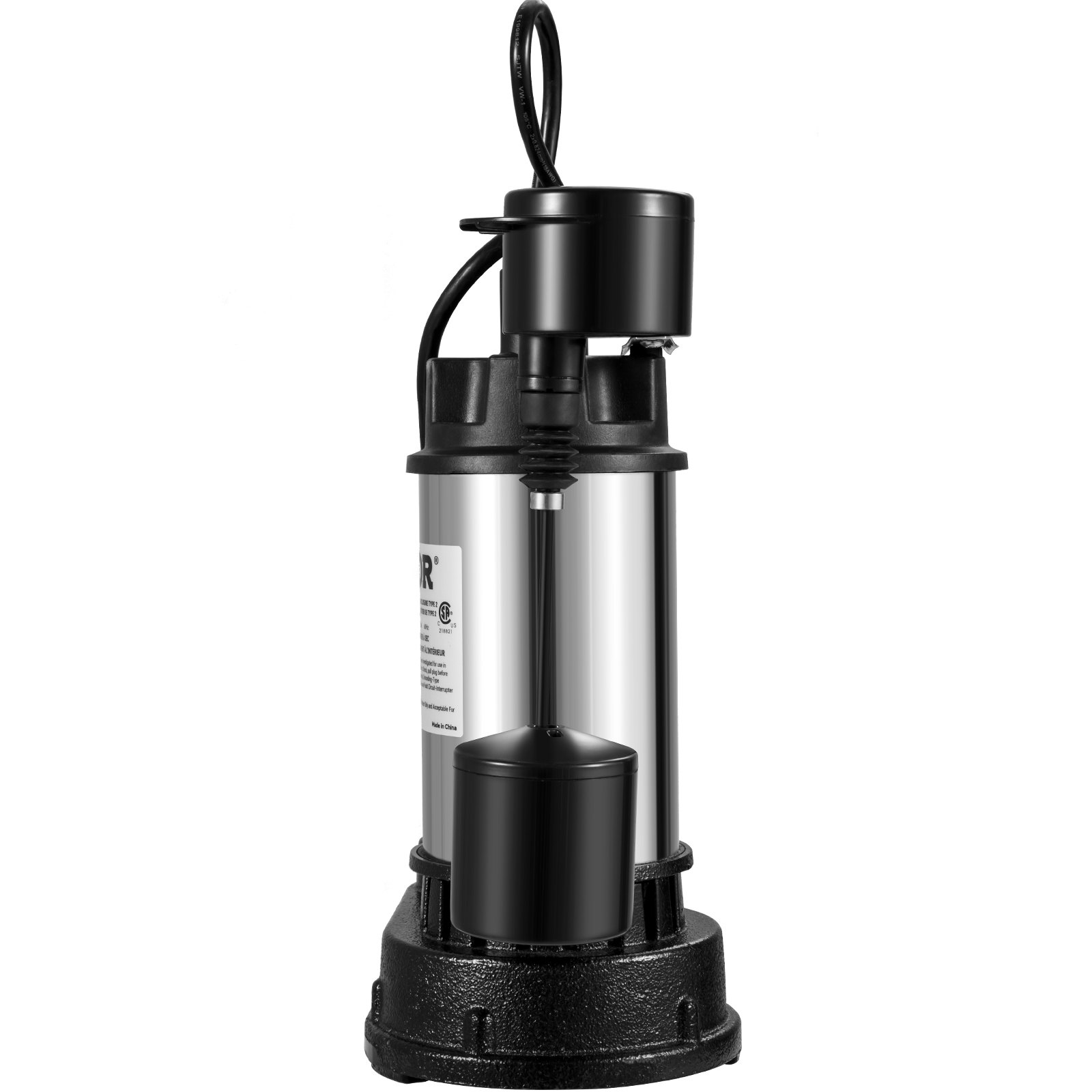 Bomba de sumidero VEVOR con cuerpo de acero inoxidable, base negra e interruptor de flotador integrado sobre fondo blanco.