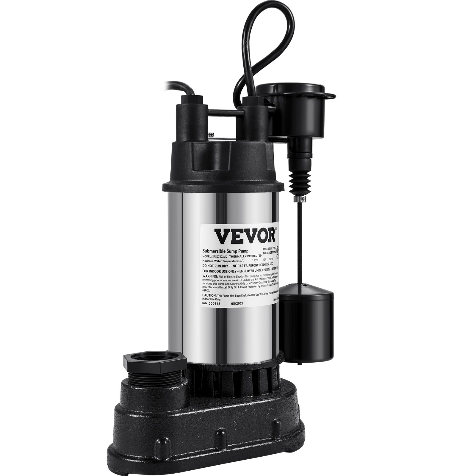 Bomba de sumidero VEVOR con diseño negro y plateado, con interruptor de flotador y cable de alimentación.