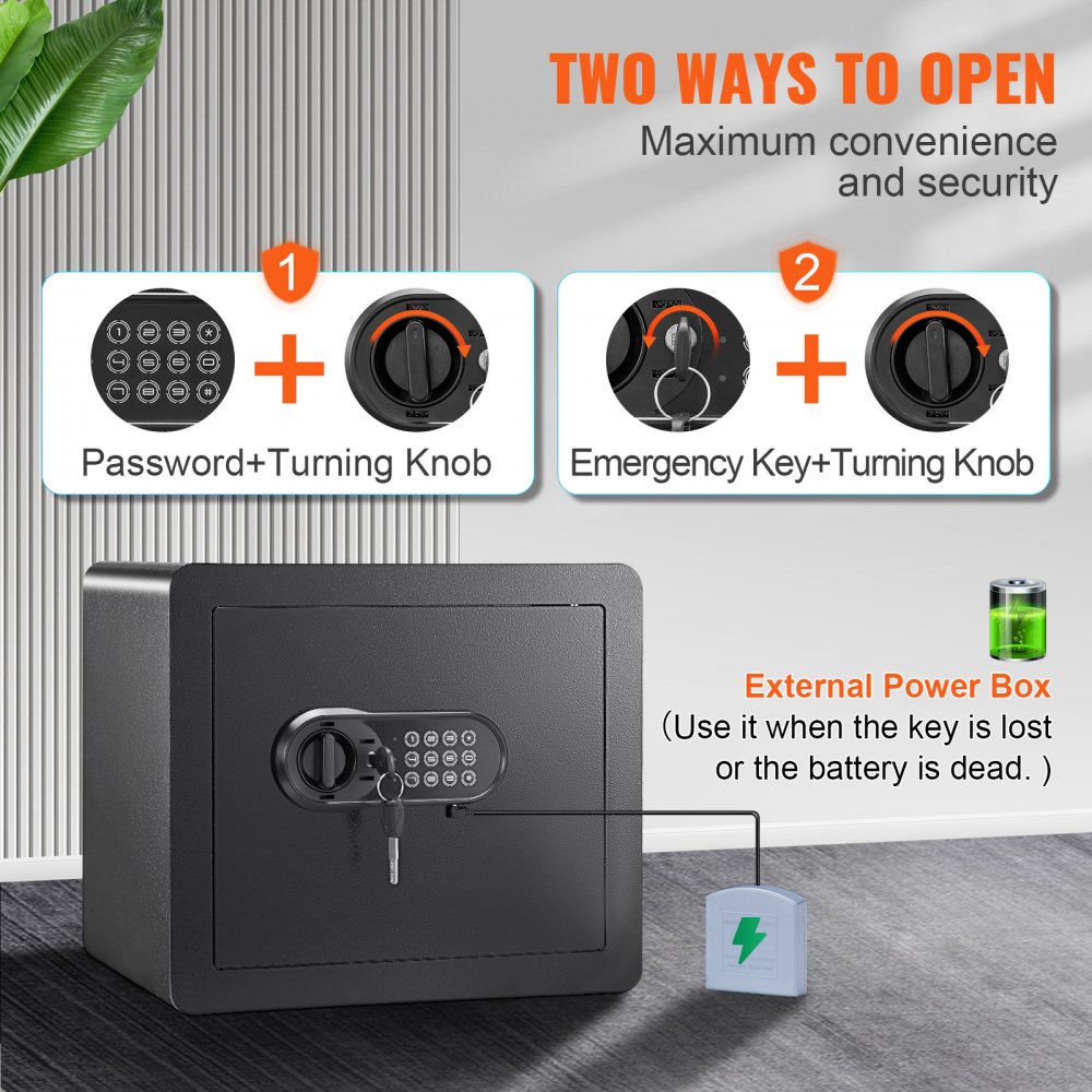Caja fuerte para el hogar VEVOR con dos formas de apertura: contraseña y pomo giratorio, o llave de emergencia y pomo giratorio.