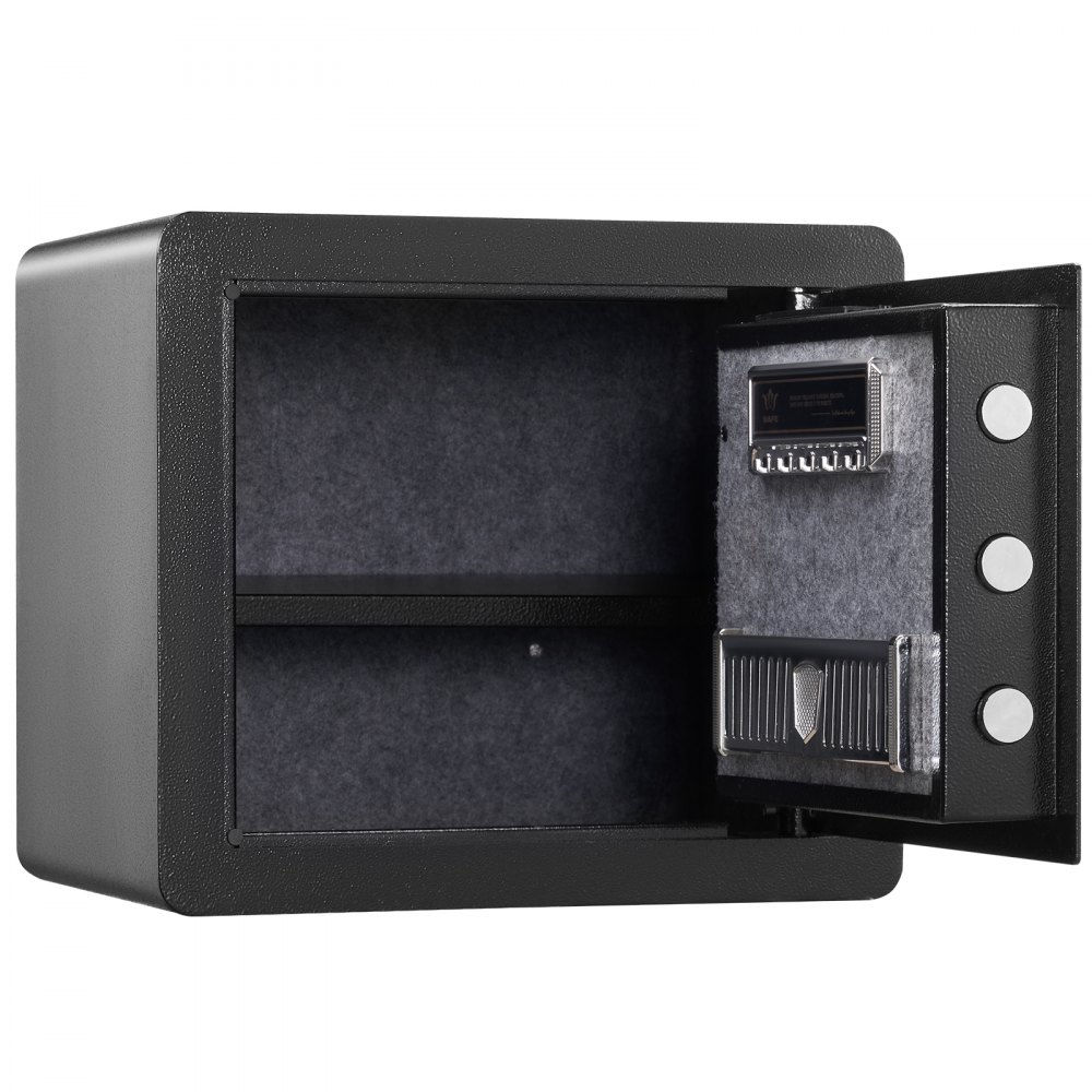 Caja fuerte para el hogar VEVOR negra con puerta abierta, estantes interiores y mecanismo de bloqueo seguro.