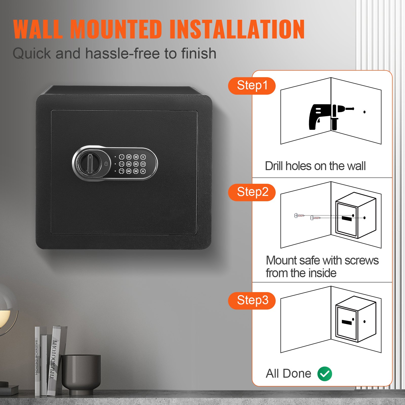 Caja fuerte para el hogar VEVOR de montaje en pared con teclado digital y guía de instalación paso a paso.